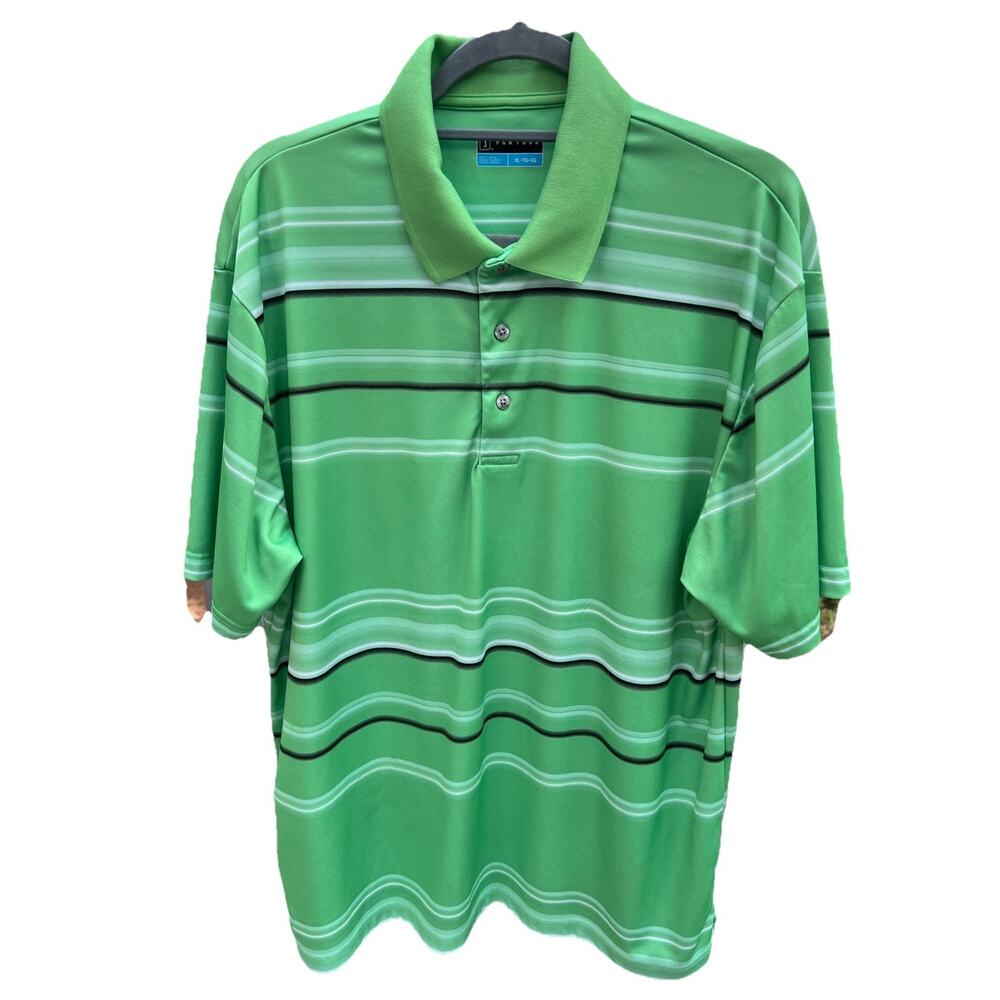 PGA TOUR Men's Green With White Strips Golf XL Polo Short Sleeve Shirt Picklebal
